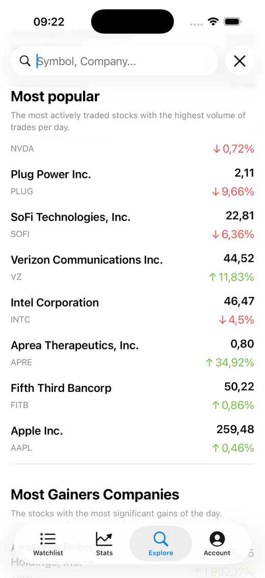 Explore tab showing most popular and trending stocks
